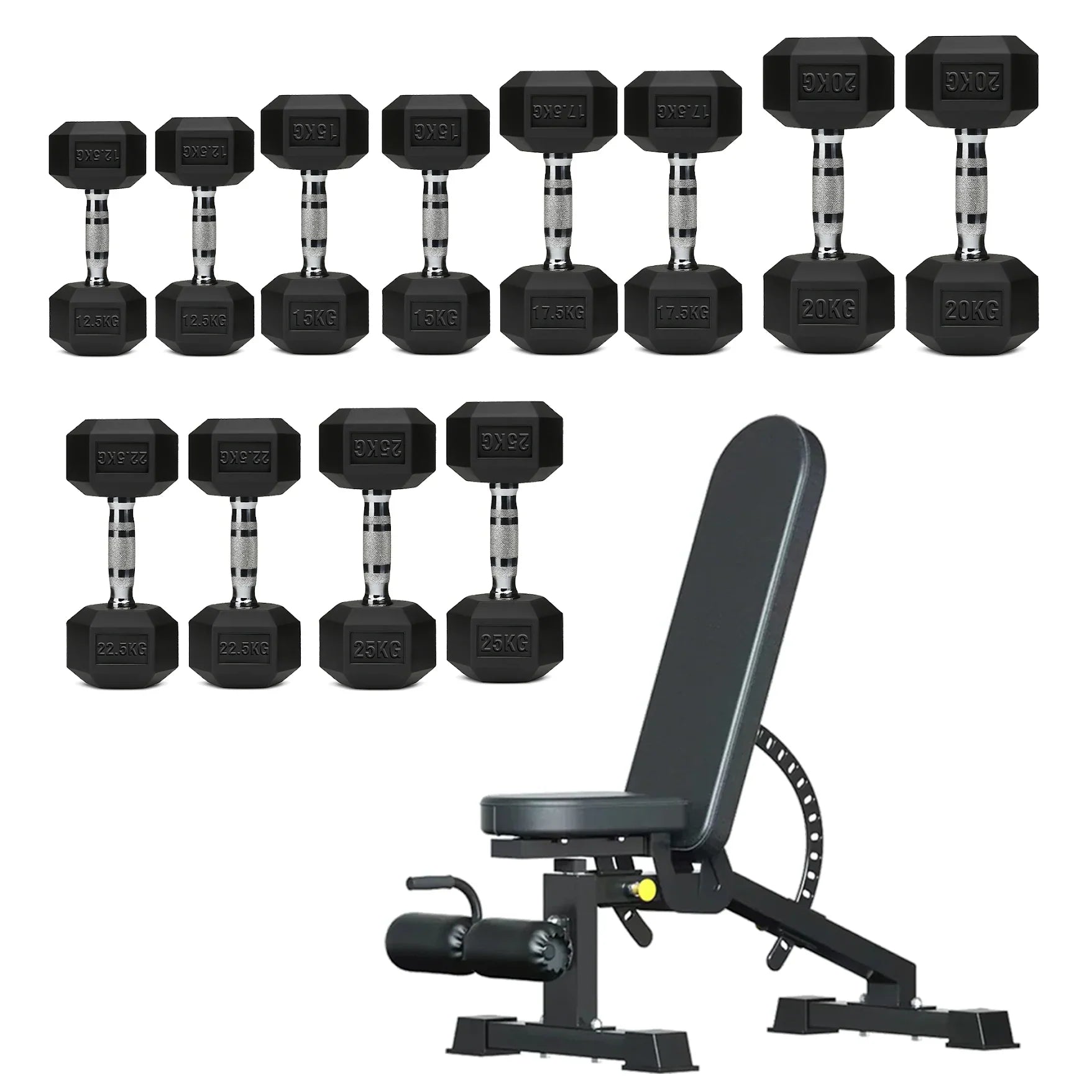 Hex Dumbbells 6 Tier Rack with or without Weights & Bench – Vertical Dumbbell Storage Stand for Home Gym (2.5kg–30kg)