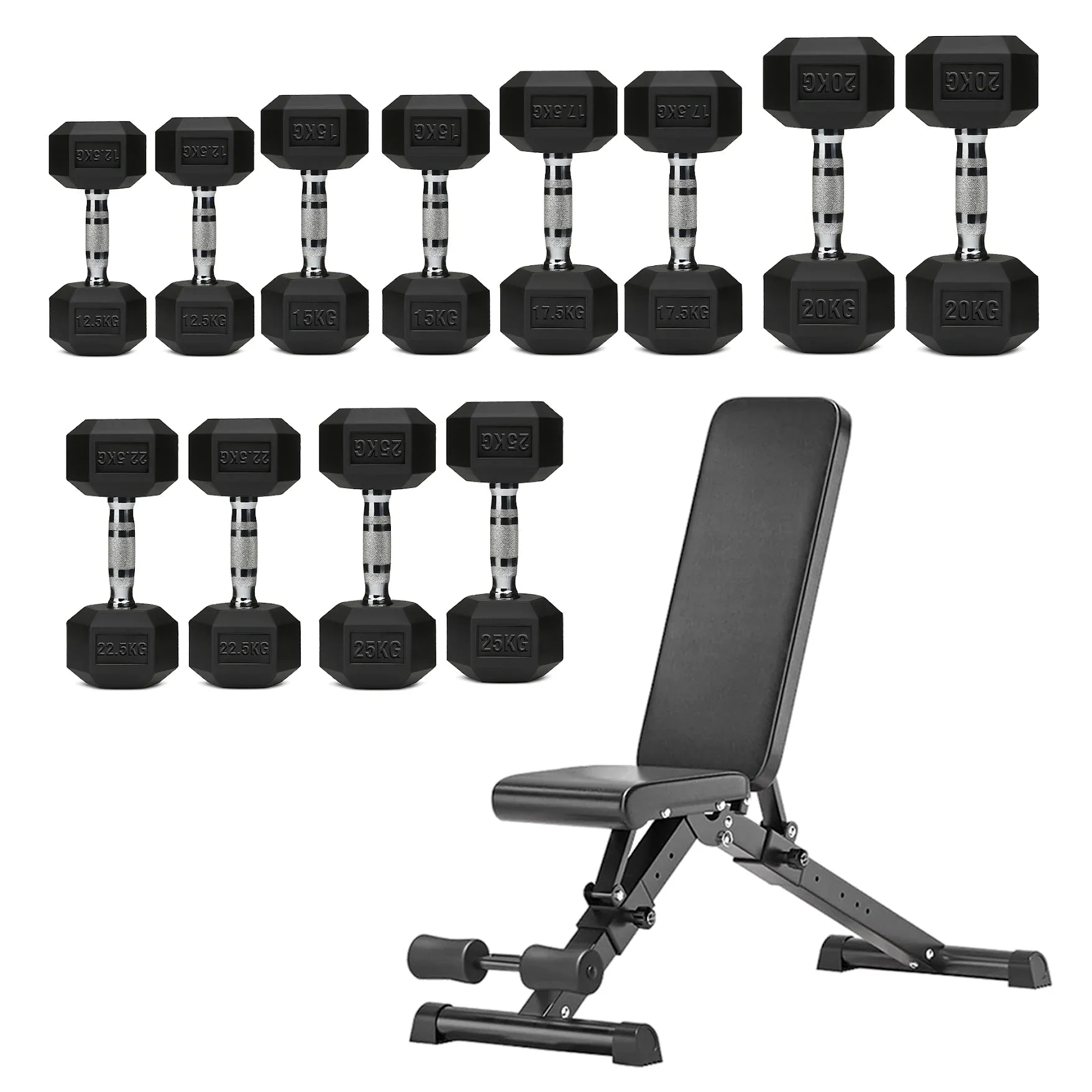 Hex Dumbbells 6 Tier Rack with or without Weights & Bench – Vertical Dumbbell Storage Stand for Home Gym (2.5kg–30kg)